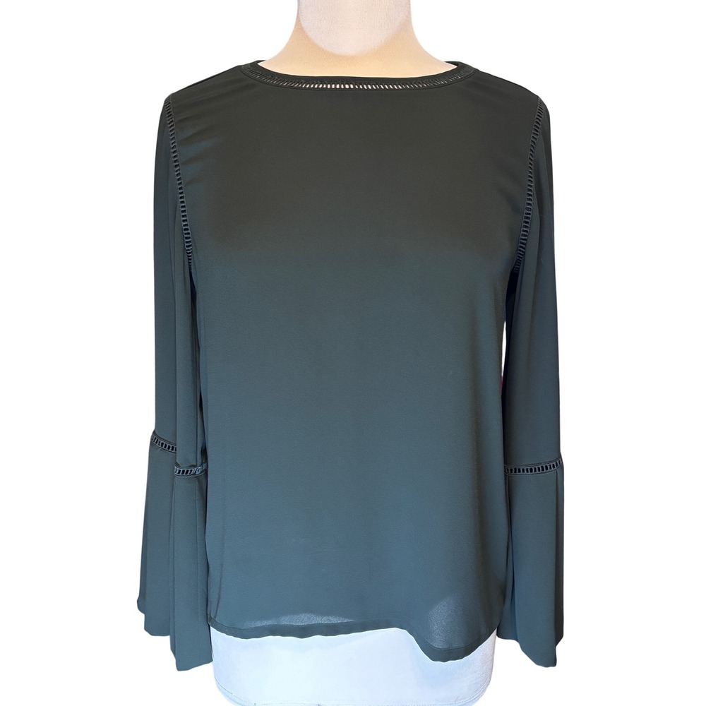 LOFT Blouse Womens XS Green Excellent Bell Sleeve Crochet Trim Keyhole Back